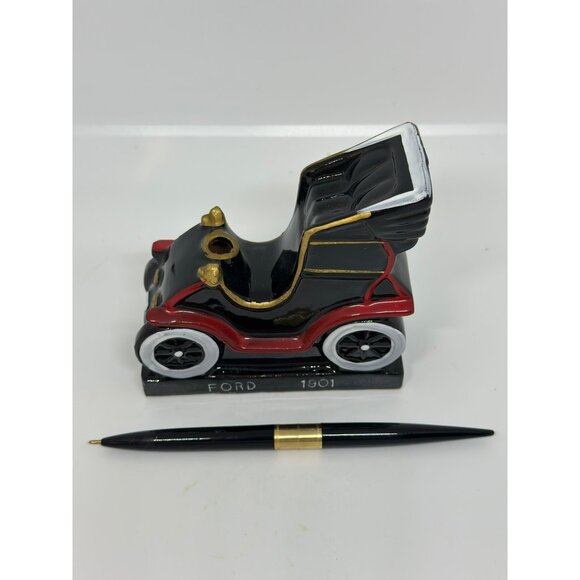 VTG Ford 1901 Model T Pen Holder | Black & Red Ceramic Car w/ Gold Accents 8.75" - Picture 3 of 8